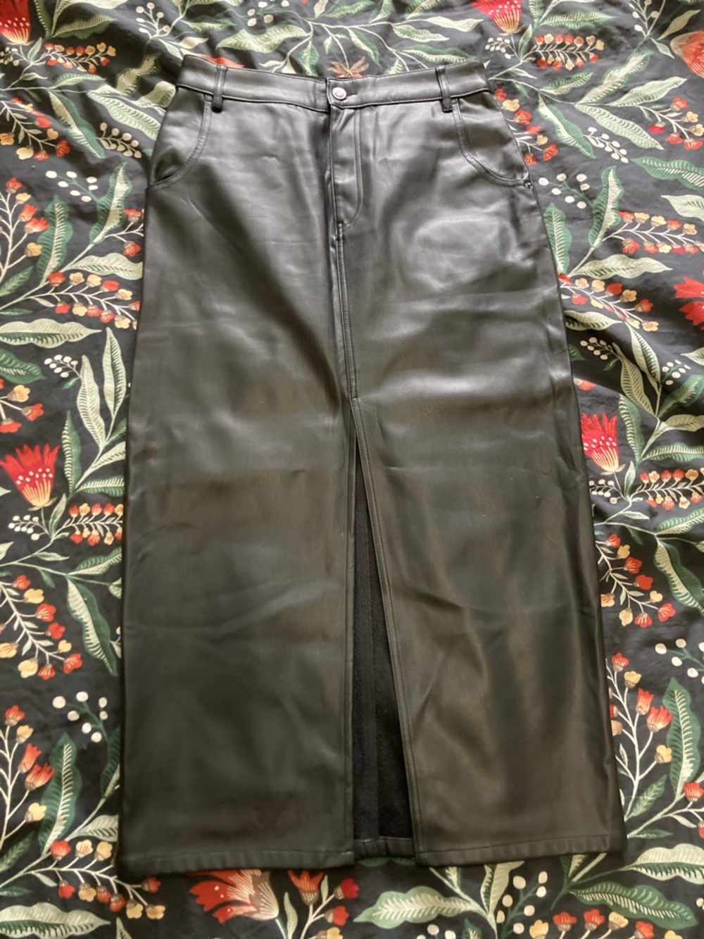 Zara Black Faux Leather Midi Skirt with Front Slit